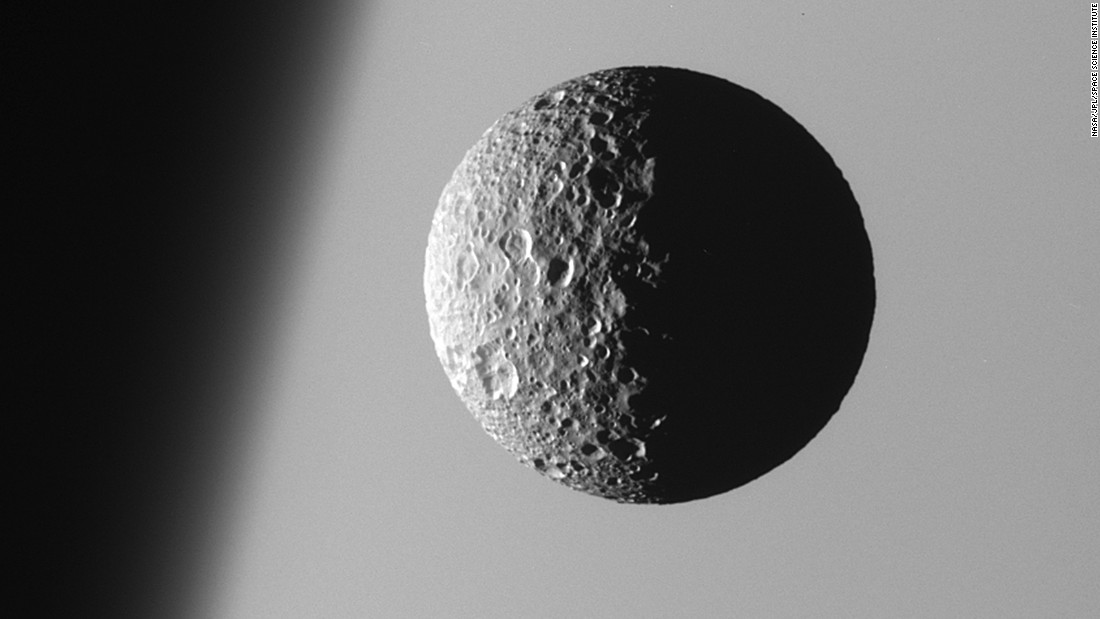 Mimas, the smallest and closest of Saturn&#39;s eight main moons, is heavily cratered and has a low density that suggests it is mostly &lt;a href=&quot;http://saturn.jpl.nasa.gov/science/moons/mimas/&quot; target=&quot;_blank&quot;&gt;composed of water ice&lt;/a&gt;. The moon&#39;s main 88-mile-long crater makes it resemble &quot;Death Star&quot; from &quot;Star Wars Episode IV.&quot;  &lt;br /&gt;