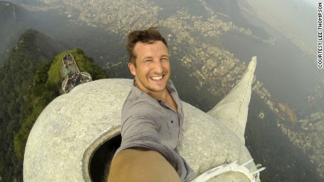 Lee Thompson&#39;s selfie on top of the Christ the Redeemer Statue in Rio