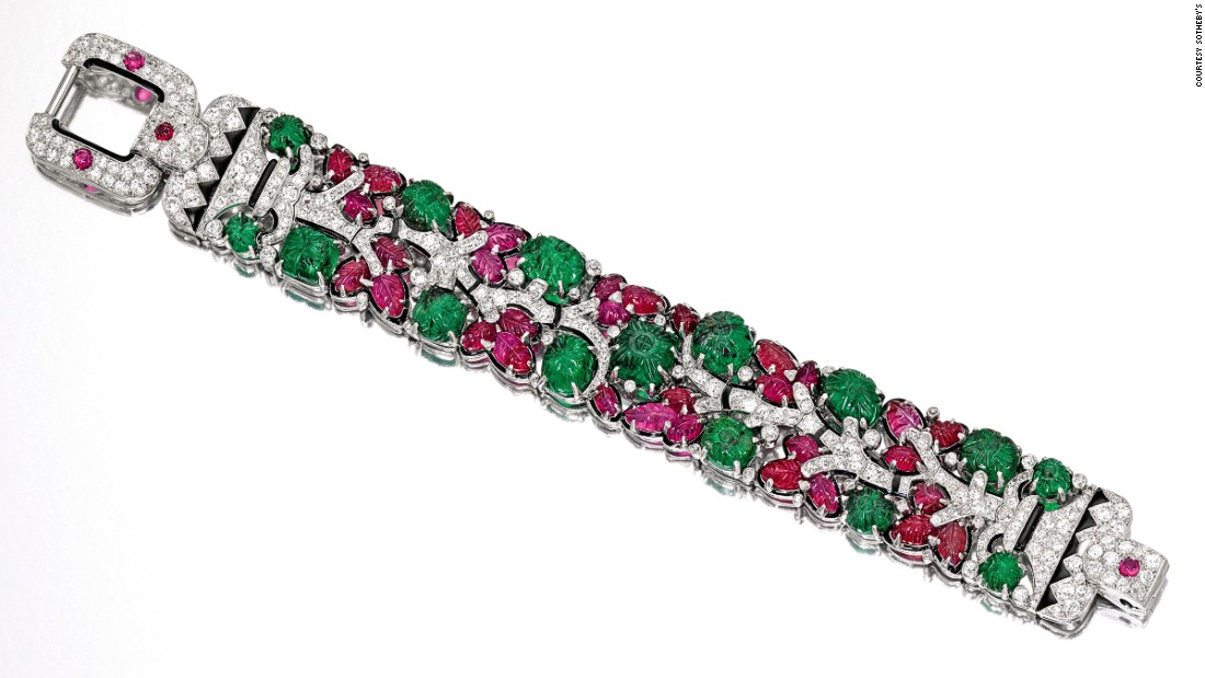 Equally colorful is this Tutti Frutti Cartier Bracelet from the 1920s, which is made of platinum, enamel, emeralds, rubies and diamonds. It sold for $1.63M with buyer&#39;s premium.