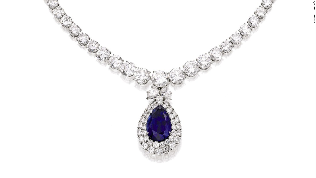 The Spectacular Bid Collection of Harry Winston pieces is inspired by an American racehorse. The Burmese sapphire that is the focal point of this necklace is a nod to the stallion&#39;s racing colors.  It sold for $430,000 with buyer&#39;s premium.