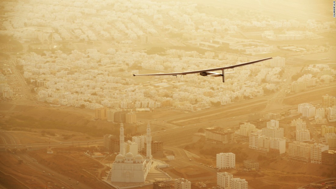 The Solar Impulse 2 flies over Muscat, Oman, after taking off on Tuesday, March 10.