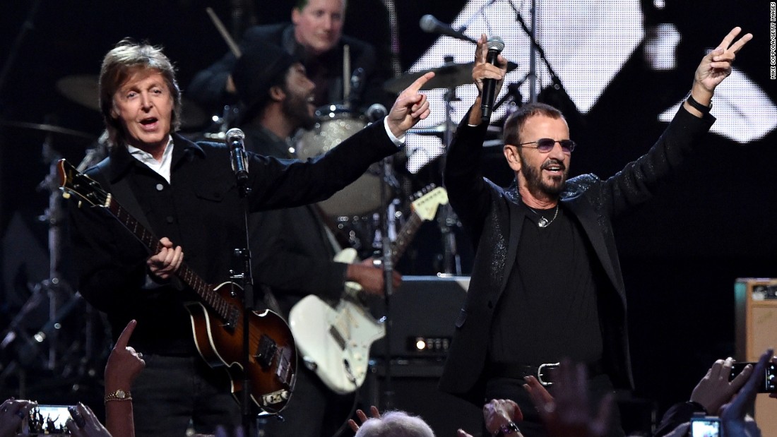 Paul McCartney, left, and inductee Ringo Starr performed together at the 30th Annual Rock And Roll Hall Of Fame induction ceremony.