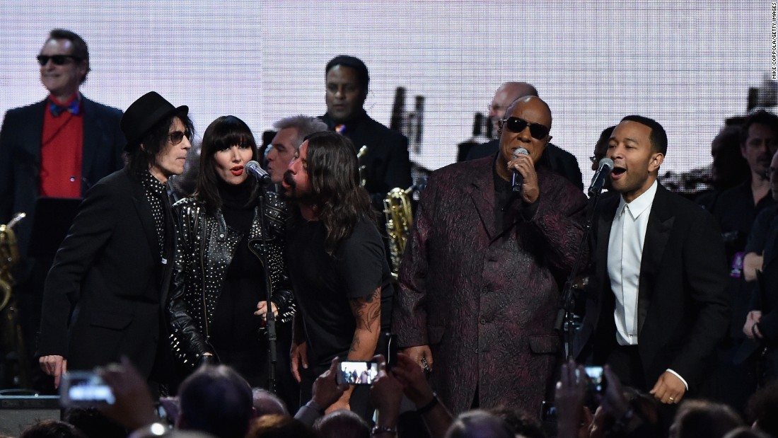Entertainers Peter Wolf, Karen O, Tom Morrelo, Dave Grohl, Stevie Wonder and John Legend gathered for a performance of at the 30th Annual Rock And Roll Hall Of Fame induction ceremony.