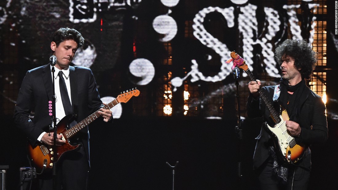 Musicians John Mayer and Doyle Bramhall II perform a song by the late Stevie Ray Vaughan, who was inducted posthumously this year into the Rock And Roll Hall Of Fame.