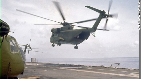 A powerful CH-53 Sea Stallion helicopter departs the USS Hancock to evacuate Saigon in April, 1975.