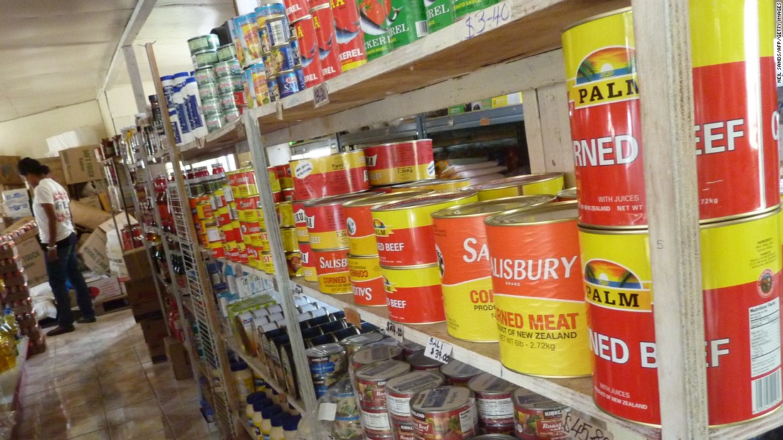 The obesity epidemic began with locals turning their backs on traditional diets of fresh fish and vegetables and replacing them with highly processed and energy-dense food such as white rice, flour, canned foods, processed meats and soft drinks imported from other countries. Pictured, a supermarket in Tonga.