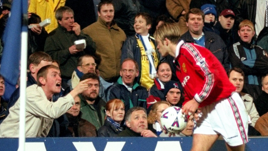 As well as facing vitriol over the World Cup debacle, the seemingly effeminate Beckham was an easy target for fans at rival Premier League clubs. Here he blows a kiss to Chelsea supporters during United&#39;s run to winning the FA Cup in &#39;99.  