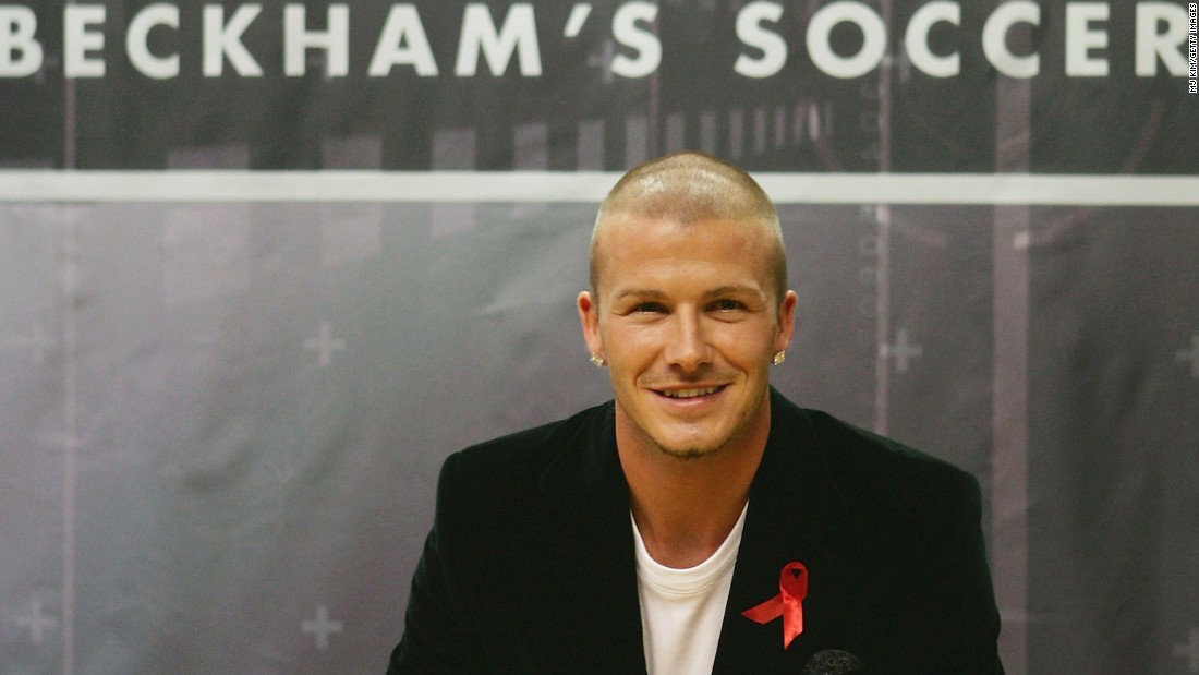 After leaving Manchester United for Real Madrid in 2003, his follicles were regularly the focus of media attention. Here a shaven-headed Beckham promotes his first official training skills DVD -- &quot;Really Bend It Like Beckham,&quot; a title referring to the 2002 British film starring a young Keira Knightley as an aspiring footballer.