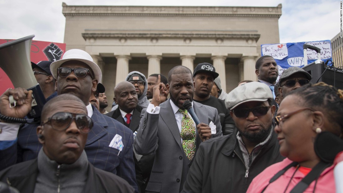 Empowerment Temple Pastor Jamal Harrison Bryant speaks in front of City Hall in Baltimore on April 23.