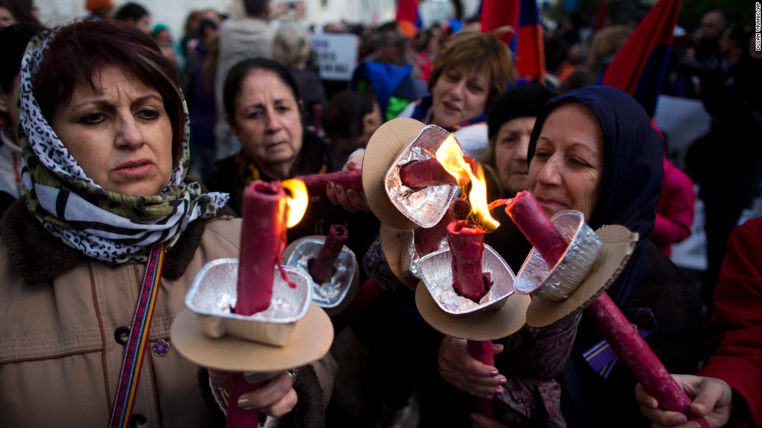 Armenian women hold torches during a march in Jerusalem, Israel, on Thursday, April 23, commemorating the 100th anniversary of what many historians call the first genocide of the 20th century. Turkey disputes the claim, arguing that it was a war with losses on both sides.