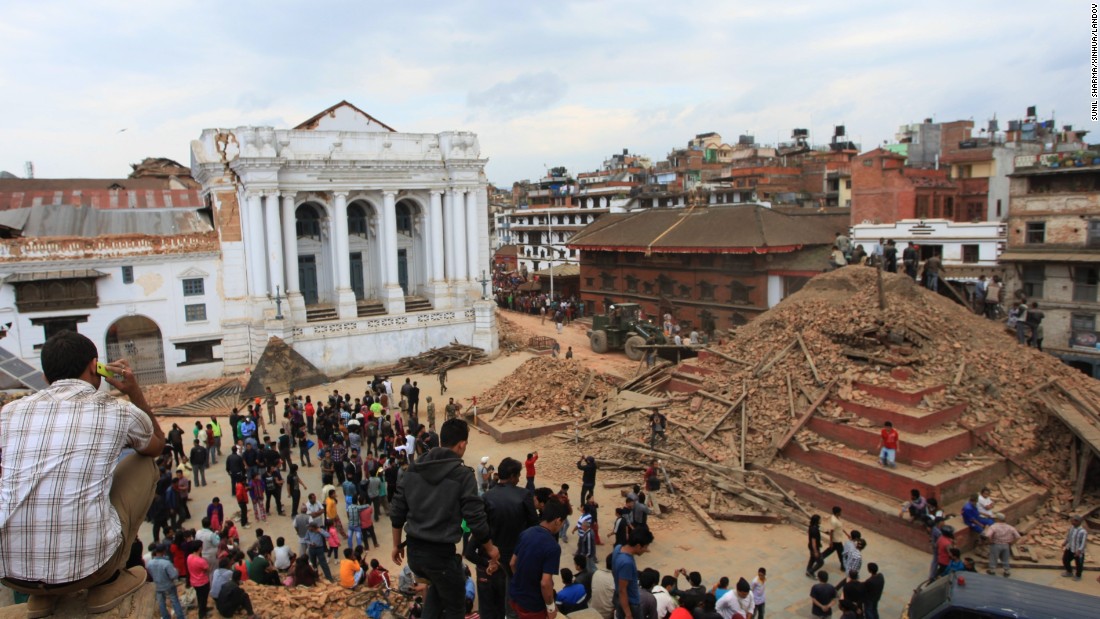 A temple on Hanumandhoka Durbar Square lies in ruins after an earthquake in Kathmandu on April 25. 