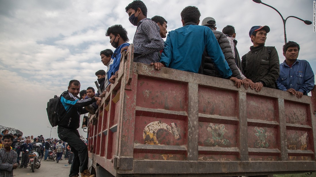 A truck evacuates residents from Kathmandu on April 26. 