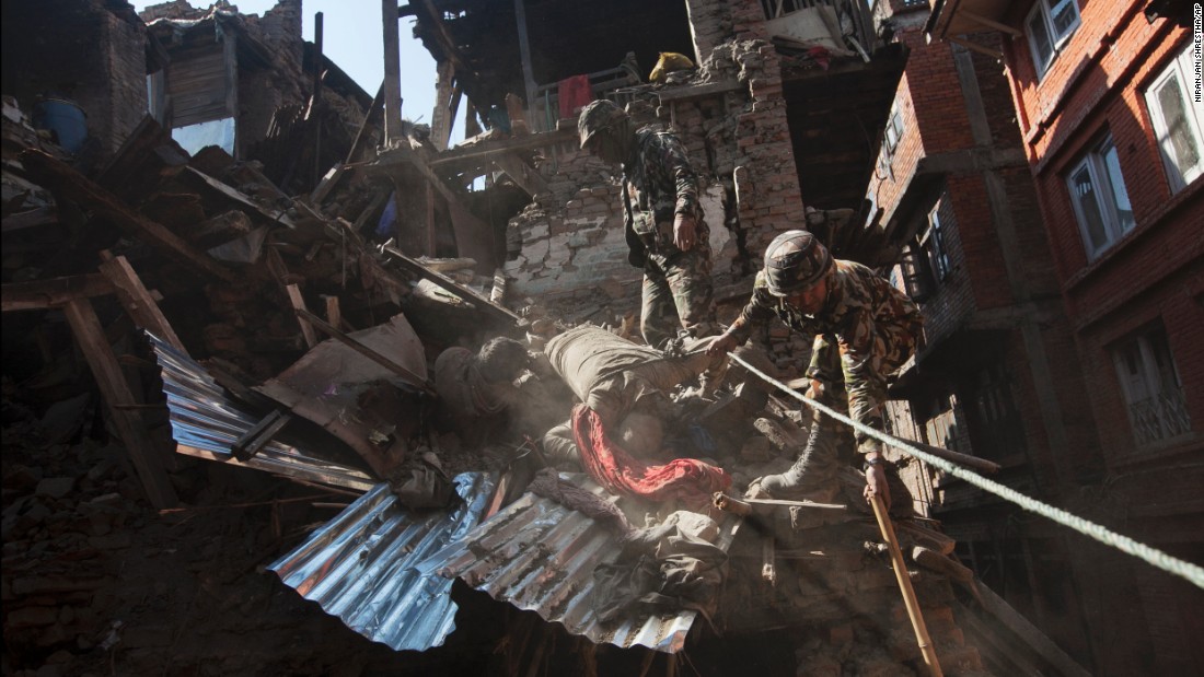 Members of the Nepalese army retrieve bodies from a collapsed building in Bhaktapur near Kathmandu on April 27.