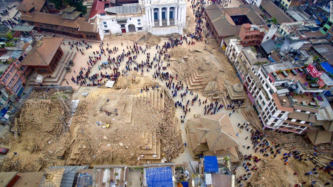 An aerial view of the devastation in Kathmandu on April 27. The destruction in Nepal&#39;s capital is stark: revered temples reduced to rubble, people buried in the wreckage of their homes, hospitals short on medical supplies overflowing with patients.