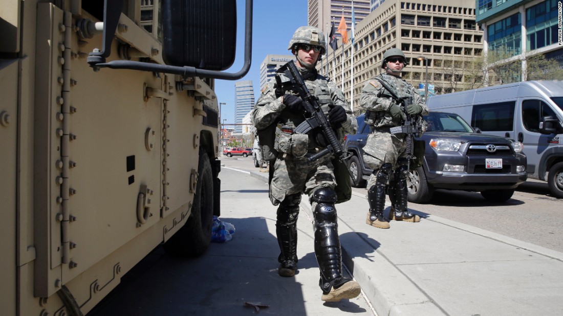 Maryland National Guardsmen patrol the streets on April 28.