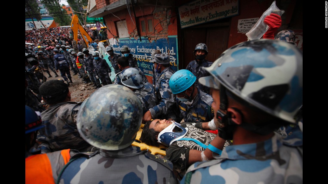 A teenage boy gets rushed to a hospital April 30 &lt;a href=&quot;http://edition.cnn.com/2015/04/30/asia/nepal-earthquake/index.html&quot;&gt;after being rescued from the debris of a building&lt;/a&gt; in Kathmandu days after the earthquake.