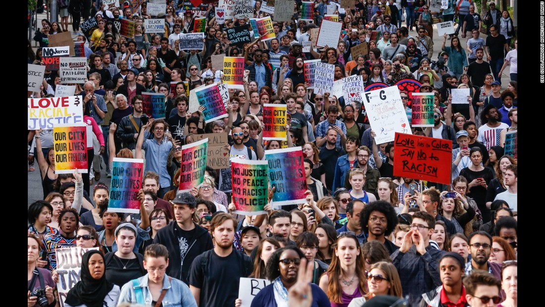 High school and college students march from Baltimore&#39;s Penn Station to City Hall on April 29.