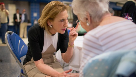 Fiorina greets guests at the Johnson County Republicans Spaghetti Dinner at Clear Creek Amana High School on April 24, 2015, in Tiffin, Iowa. 
