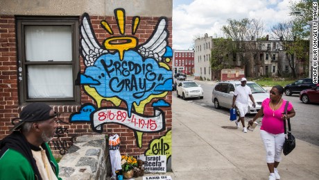 BALTIMORE, MD - MAY 02:  A new mural is seen in the Gilmor Homes May 2, 2015 in Baltimore, Maryland. Freddie Gray, 25, was arrested for possessing a switch blade knife April 12 outside the Gilmor Houses housing project on Baltimore&#39;s west side. According to Gray&#39;s attorney, Gray died a week later in the hospital from a severe spinal cord injury he received while in police custody.  State attorney Marilyn Mosby of Maryland announced that charges would be brought against the six police officers who arrested Gray.  (Photo by Andrew Burton/Getty Images)