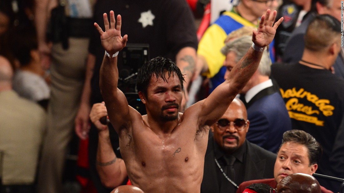Manny Pacquiao reacts after his fight against Floyd Mayweather.