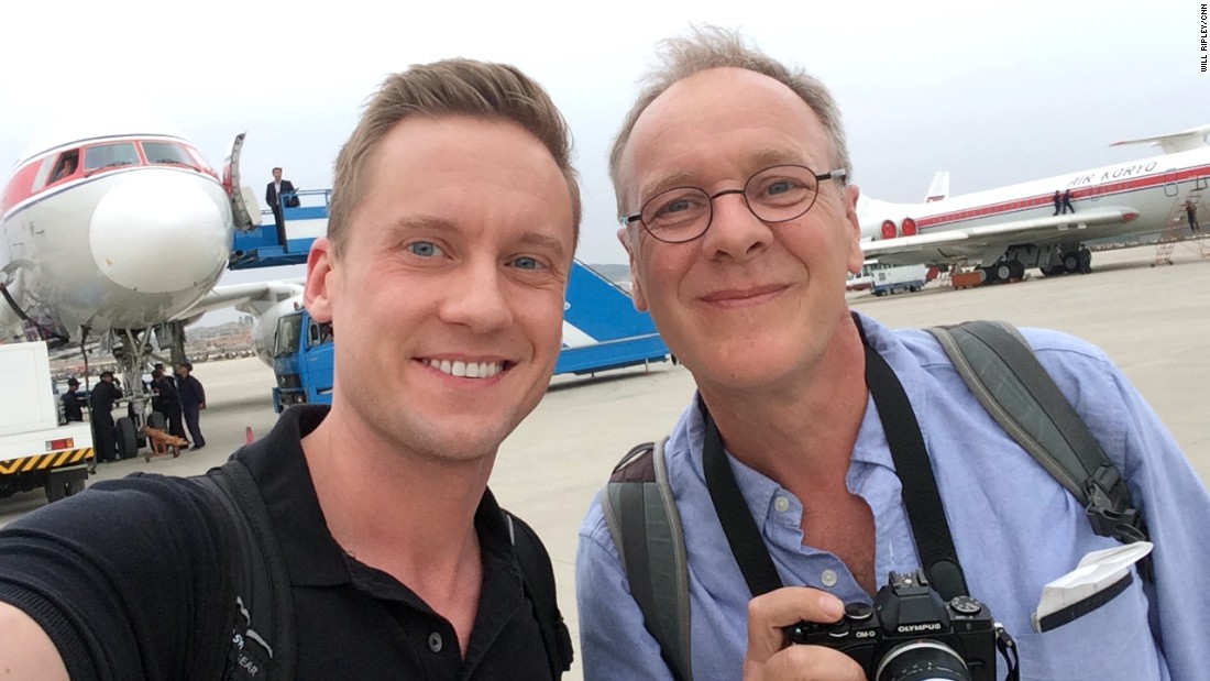 CNN correspondent Will Ripley and photojournalist Brad Olson take a selfie shortly after landing in Pyongyang on May 2.