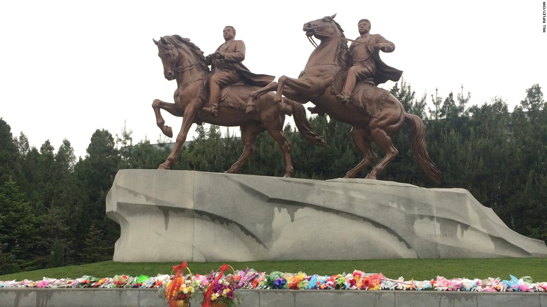 Twin statues honor the late leaders of North Korea, Kim Il Sung and Kim Jong Il. Visitors to Pyongyang are routinely taken to pay their respects and lay flowers at the monument.