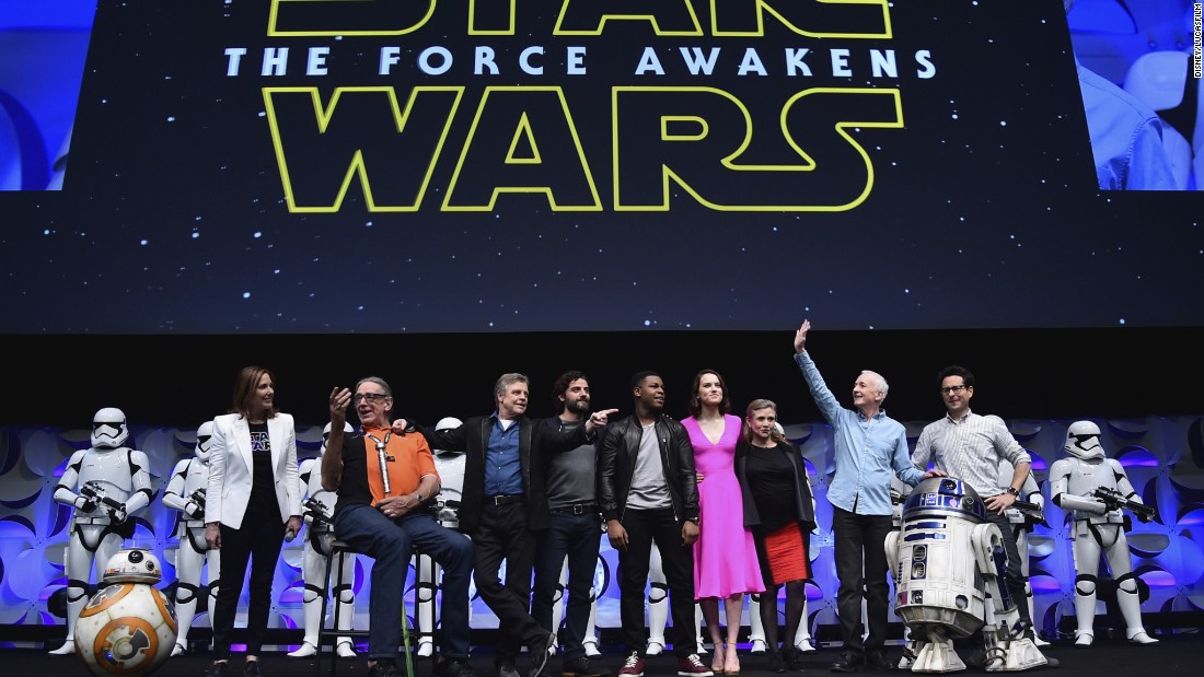 &quot;The Force Awakens&quot; cast, along with droids, executive producer Kathleen Kennedy and director J.J. Abrams, appeared at the Star Wars Celebration fan convention in April.