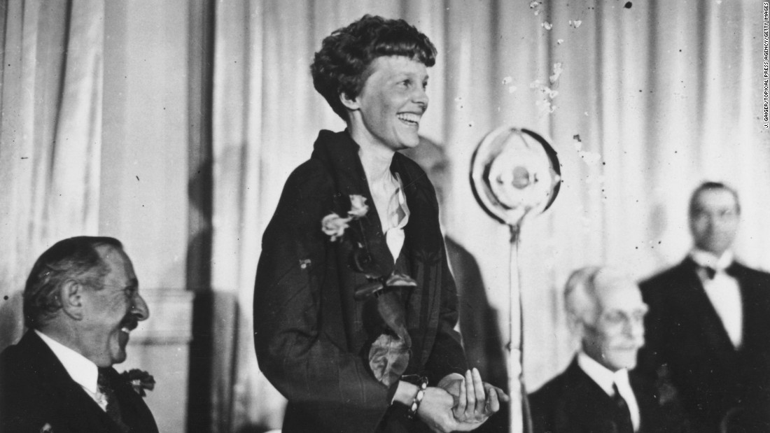 Earhart addresses journalists during a lunch in London on May 23, 1932. Her triumphant crossing was not without difficulties. Shortly after taking off from Newfoundland, she encountered thick clouds and ice on the wings of her plane. Mechanical problems later in the flight informed her decision to land in Northern Ireland.