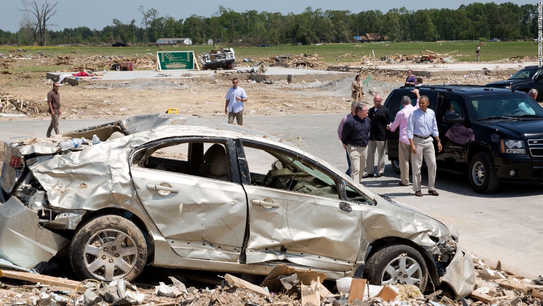 Touring tornado damage in Vilonia, Arkansas, on May 7, 2014. 