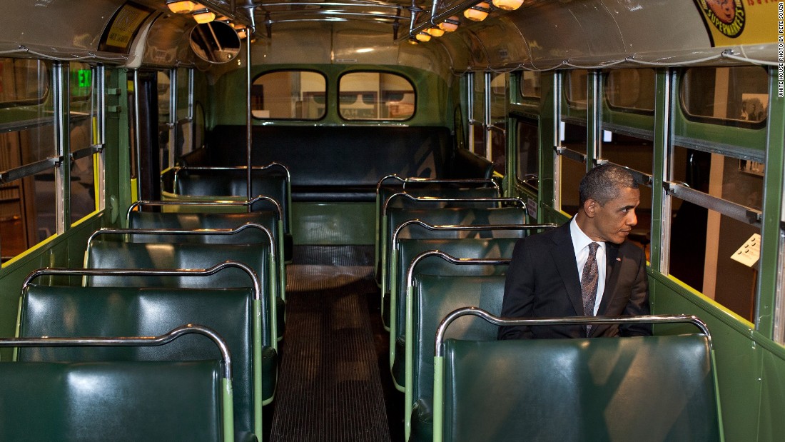 Sitting on the famed Rosa Parks bus at the Henry Ford Museum in Dearborn, Michigan, on April 18, 2012. 