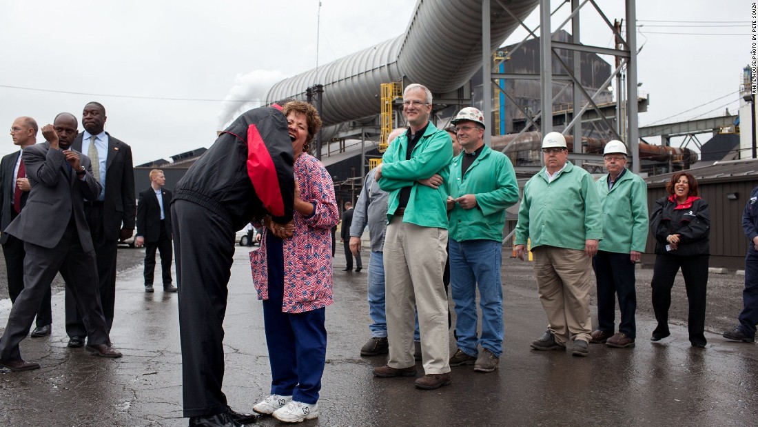 Greeting workers during a shift change at V&amp;amp;M Star, a manufacturer of steel products, in Youngstown, Ohio, on May 18, 2010. 