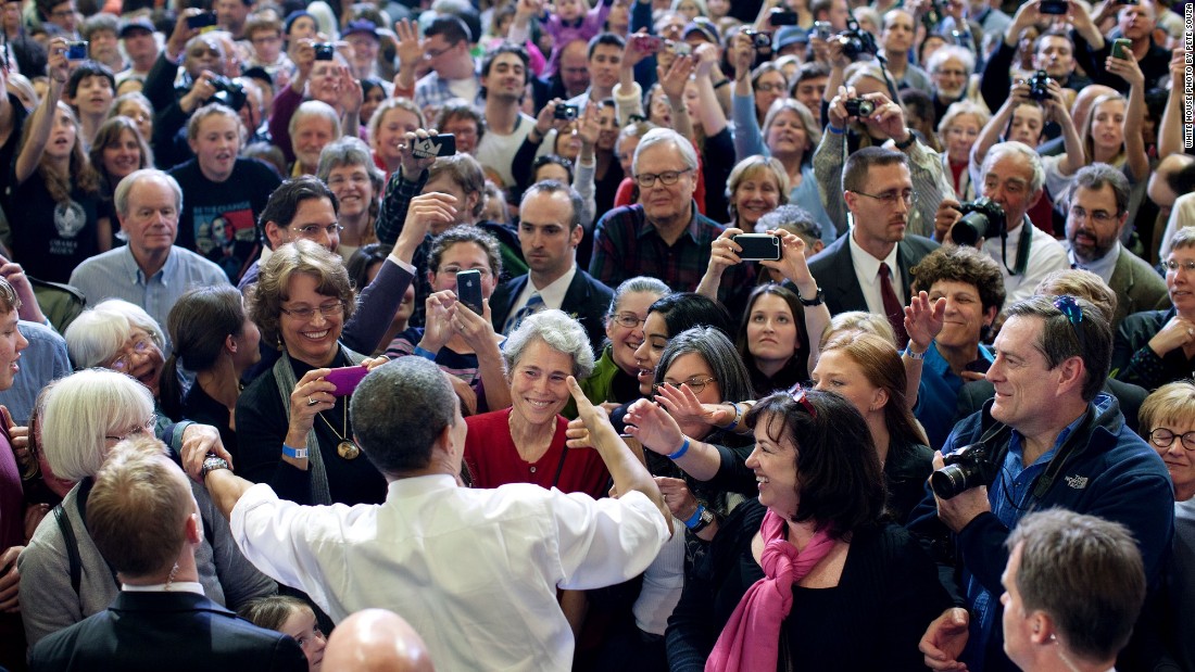 Greeting the crowd in Burlington, Vermont, on March 30, 2012. 