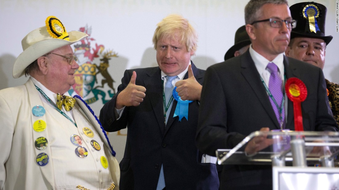 Boris Johnson, newly elected Conservative Party MP for Uxbridge and Ruislip South, gives a thumbs-up at Brunel University in London on May 8.
