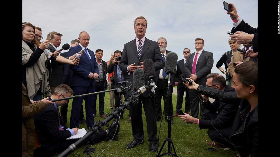 Nigel Farage, leader of the UK Independence Party, addresses the media in Margate, England, after he lost his parliamentary seat.
