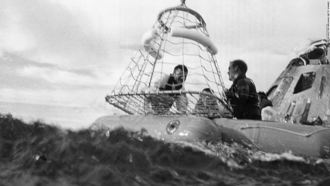 The Apollo 13 spacecraft was intended to be the third landing on the moon, but the NASA crew aborted its mission after an oxygen tank exploded on board. The astronauts landed in the South Pacific on April 17, 1970. Here, lunar module pilot Fred W. Haise Jr. is about to be hoisted up to a recovery helicopter from the USS Iwo Jima.