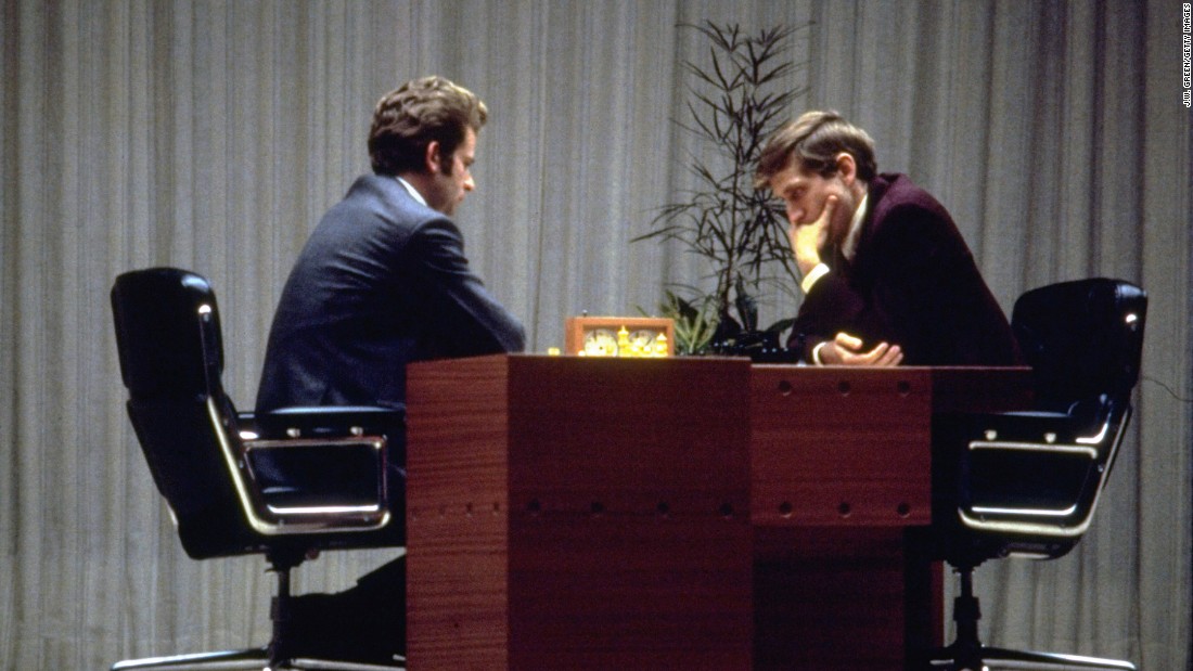 American Bobby Fischer, right, and Russian Boris Spassky play their last game of chess together in Reykjavik, Iceland, on August 31, 1972. Fischer defeated Spassky to become the World Chess Champion, ending a Soviet win streak that dated to 1948.