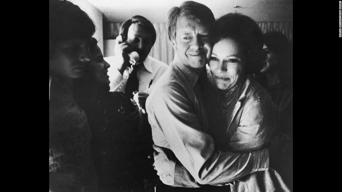 Jimmy Carter embraces his wife, Rosalynn, in November 1976 after he was elected as the 39th President of the United States. Carter, a Democrat and former governor of Georgia, defeated incumbent Gerald Ford. During his time in office, Carter created the Department of Energy and Department of Education. Since leaving the office in 1980, he has remained active in fighting for human rights and ending disease around the world with his nonprofit organization, the Carter Center.