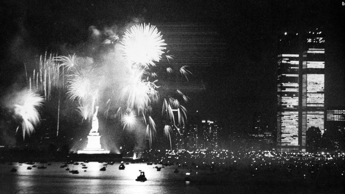 Fireworks at the Statue of Liberty light up the New York Harbor on July 4, 1976, as the country celebrates the bicentennial anniversary of the Declaration of Independence. Patriotic events took place around the country that year.