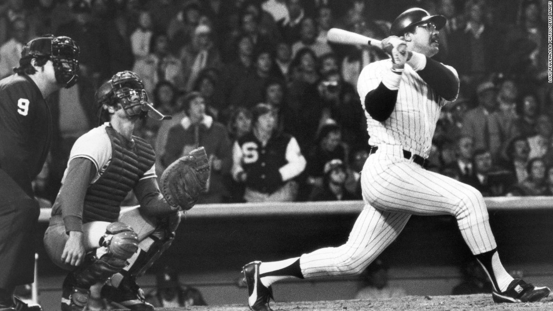 Reggie Jackson of the New York Yankees hits his third home run of the game on October 18, 1977, leading the Yankees to a World Series win over the Los Angeles Dodgers. Jackson had a .357 batting average over the 27 World Series games throughout his career, earning him the nickname &quot;Mr. October.&quot; Jackson and the Yankees would repeat as World Series champions the following year.