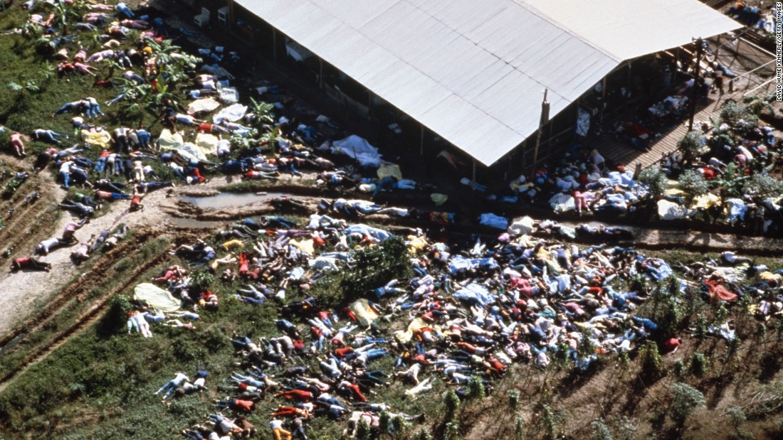 Bodies lie around the compound of the People&#39;s Temple in Jonestown, Guyana, on November 18, 1978. More than 900 members of the cult, led by the Rev. Jim Jones, died from cyanide poisoning; it was the largest mass-suicide in modern history.