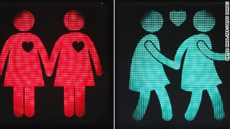 New traffic lights show female same-sex couples in Vienna on May 12, 2015.
