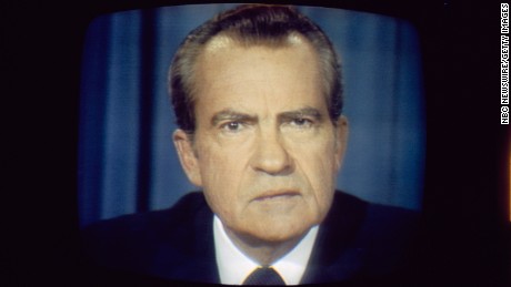 President Richard Nixon gives his resignation speech from the Oval Office at the White House in Washington D.C. on August 8, 1974.