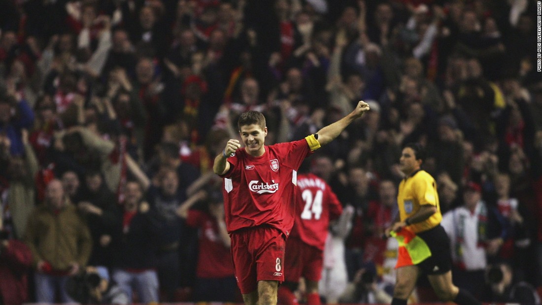 With less than five minutes left to play and needing one more goal to avoid Champions League elimination at the hands of Olympiakos, Gerrard -- in front of the Kop end -- ran onto Neil Mellor&#39;s header and hit the ball on the half volley, sending it arrowing into the bottom corner. The goal sparked scenes of delirium at Anfield and ensured Liverpool progressed out of the group stages.