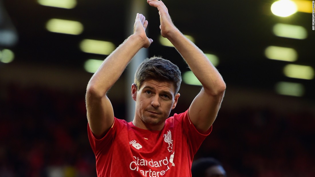 Steven Gerrard waves to the Anfield faithful at the end of his final home match as a permanent Liverpool player.