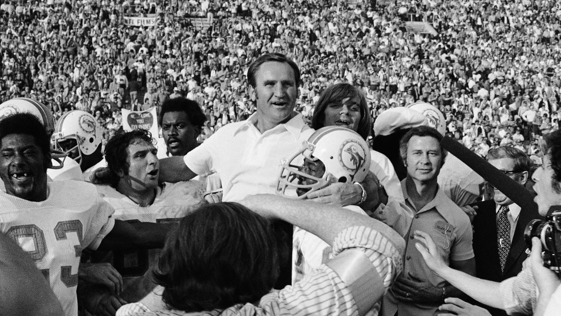 The Miami Dolphins, coached by Don Shula, win Super Bowl VII in January 1973 and become the only NFL team in history to win a championship with an undefeated record.