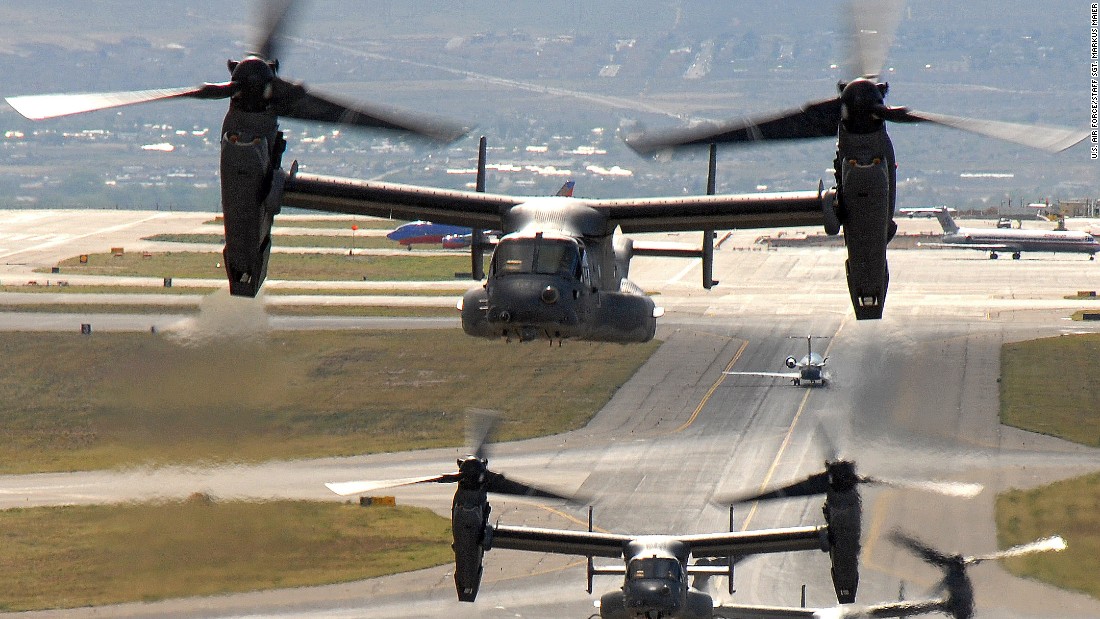The Osprey is a tiltrotor aircraft that combines vertical takeoff, hover and landing qualities of a helicopter with the normal flight characteristics of a turboprop aircraft, according to the Air Force. It is used to move troops in and out of operations as well as resupply units in the field. The Air Force has 33 Ospreys in inventory.
