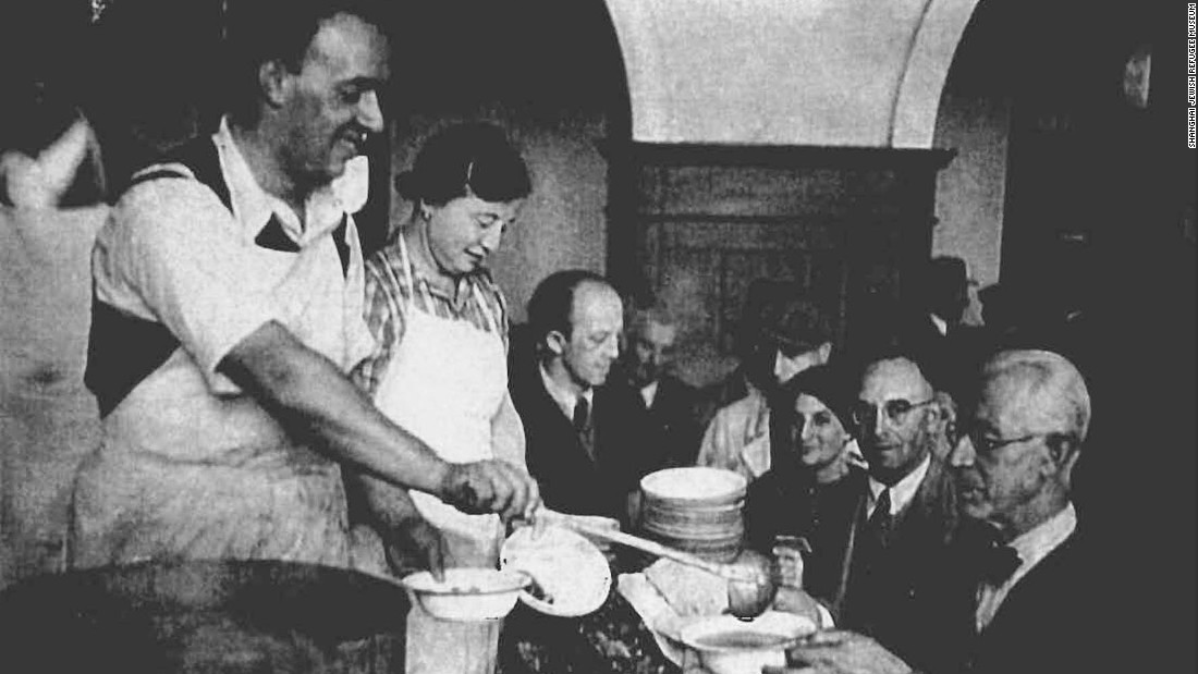 Food being served for Jewish refugees that had just arrived Shanghai.  Many Jewish charity organizations provided aid to the refugees to help them survive.