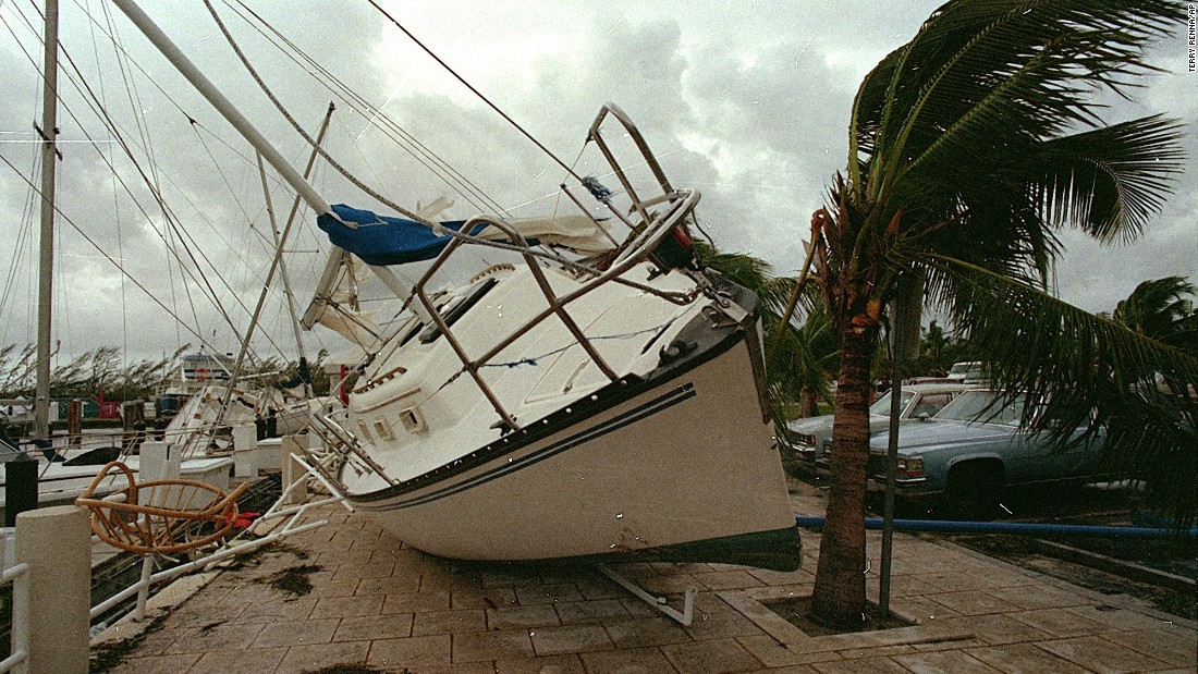 &lt;strong&gt;Andrew, 1992&lt;/strong&gt;: &lt;a href=&quot;http://www.srh.noaa.gov/mfl/?n=andrew&quot; target=&quot;_blank&quot;&gt;Andrew&lt;/a&gt; blasted its way across south Florida on August 24 as a Category 4 with peak gusts measured at 164 mph. After raking entire neighborhoods in an around Homestead, it moved across the Gulf to hit Louisiana as a Category 3. It was responsible for 23 U.S. deaths and three in the Bahamas. Here, a sailboat sits on a sidewalk at Dinner Key in Miami after Andrew washed it ashore.
