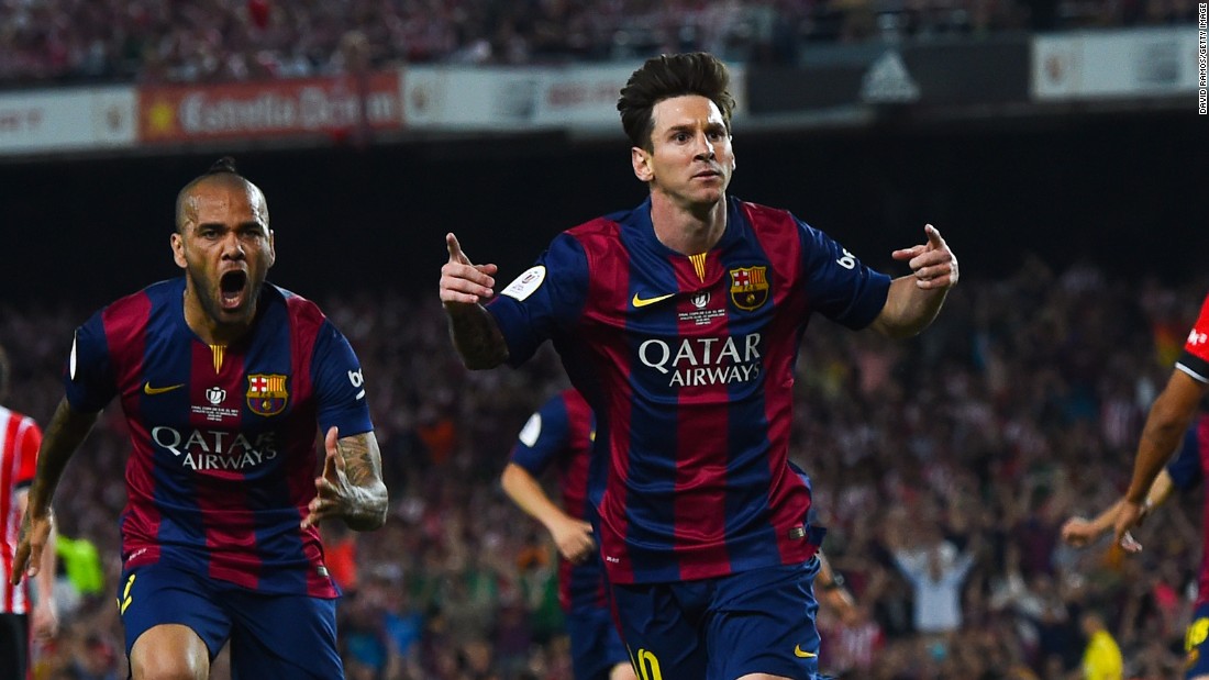 Messi celebrates his stunning opening goal in the 3-1 Copa del Rey final victory over Athletic Bilbao. The Argentine grabbed a second later in the game.