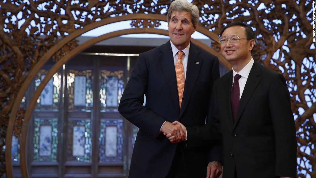 Kerry speaks with China&#39;s State Councilor Yang Jiechi at the Diaoyutai State Guest House on May 16 in Beijing. Kerry is urging China to halt increasingly assertive actions it is taking in the South China Sea. 